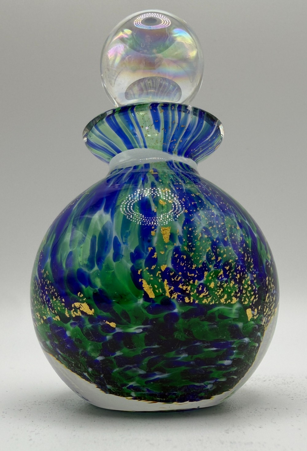 Murano Style Italian Blue & Green Gold Aventurine Art Glass Perfume Bottle - As Is