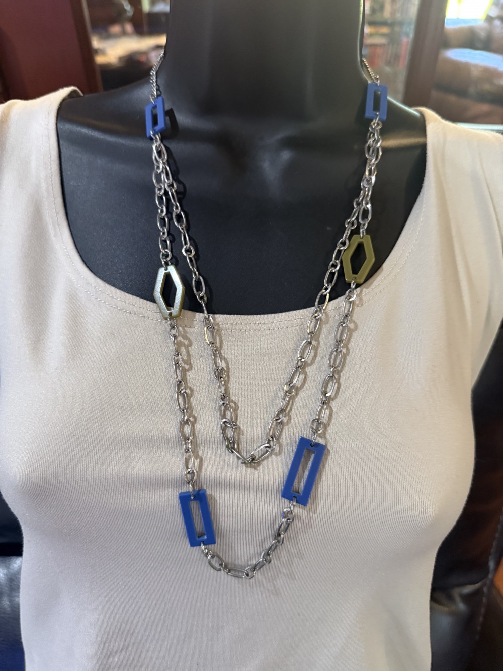 Long Necklace - Blue and Green Geometic Shapes and Silver Chains