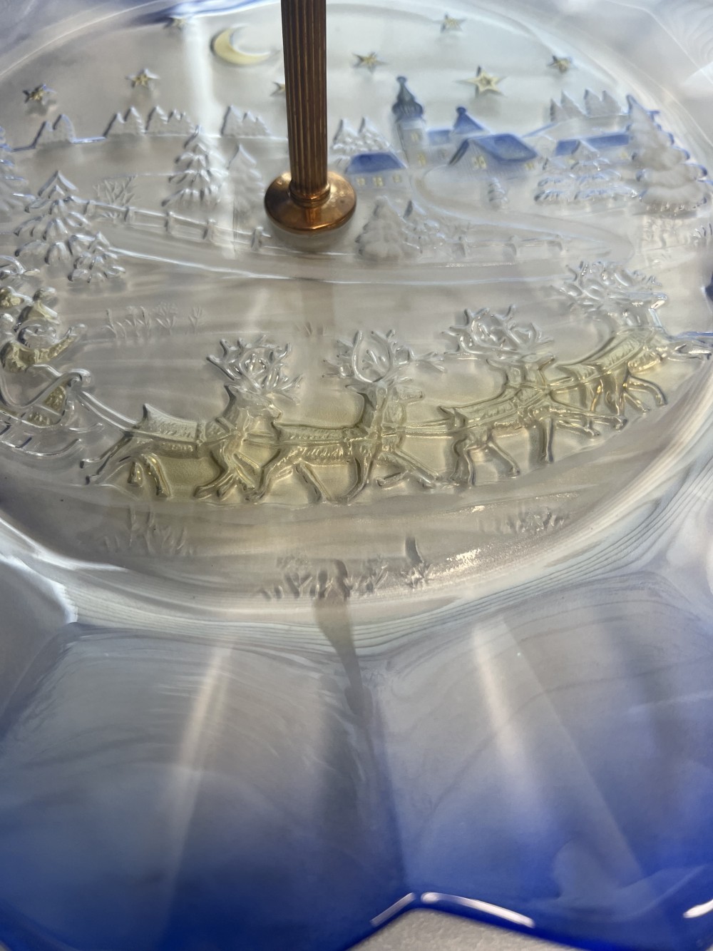 Vintage Blue Glass Two-Tier Serving Tray with Winter Scene