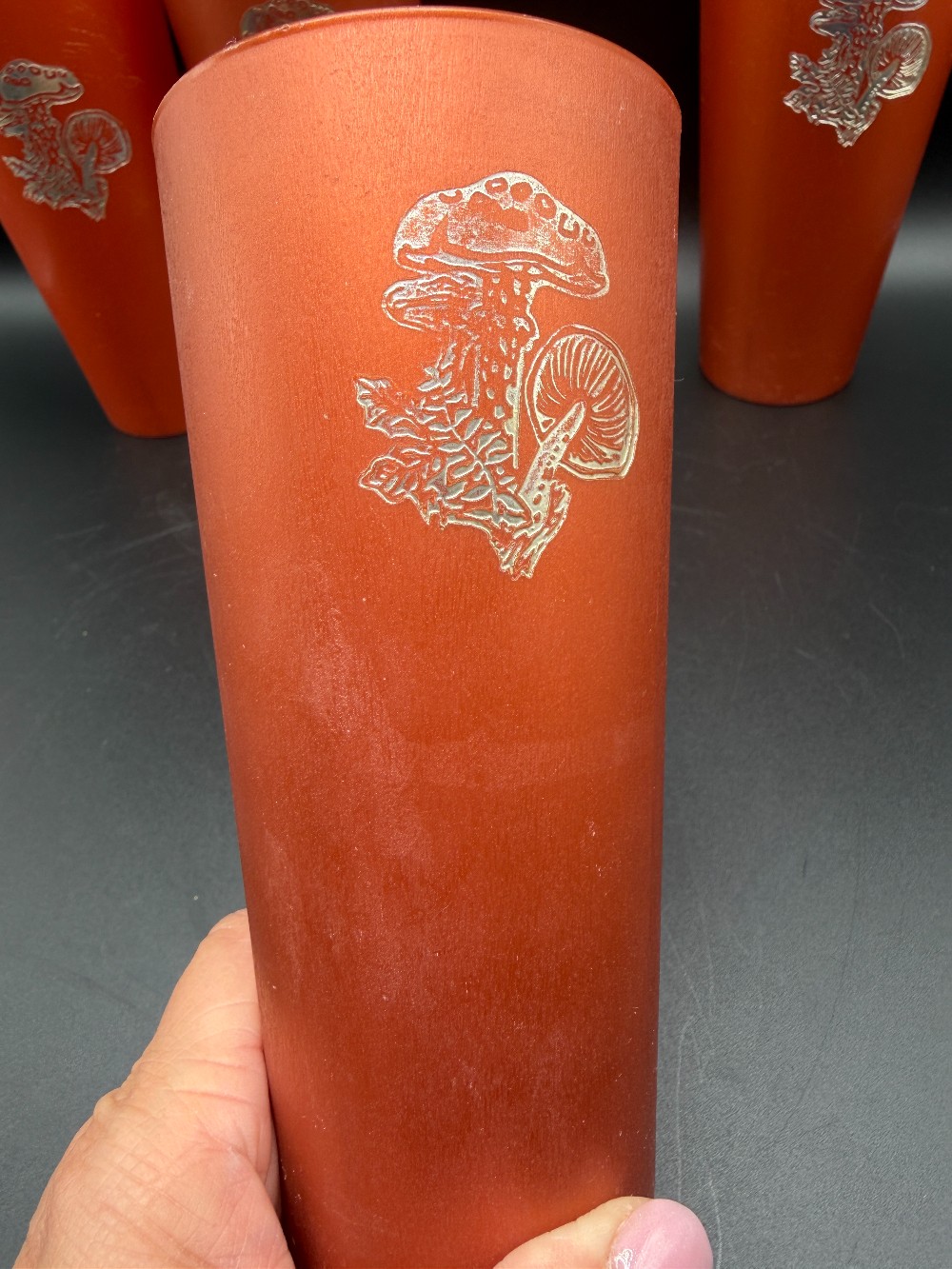 Vintage 1970s Nasco Plastic Mushroom Tumblers - Rust Copper & Silver Toadstool Cups - Set of 4 (Mold 3072)