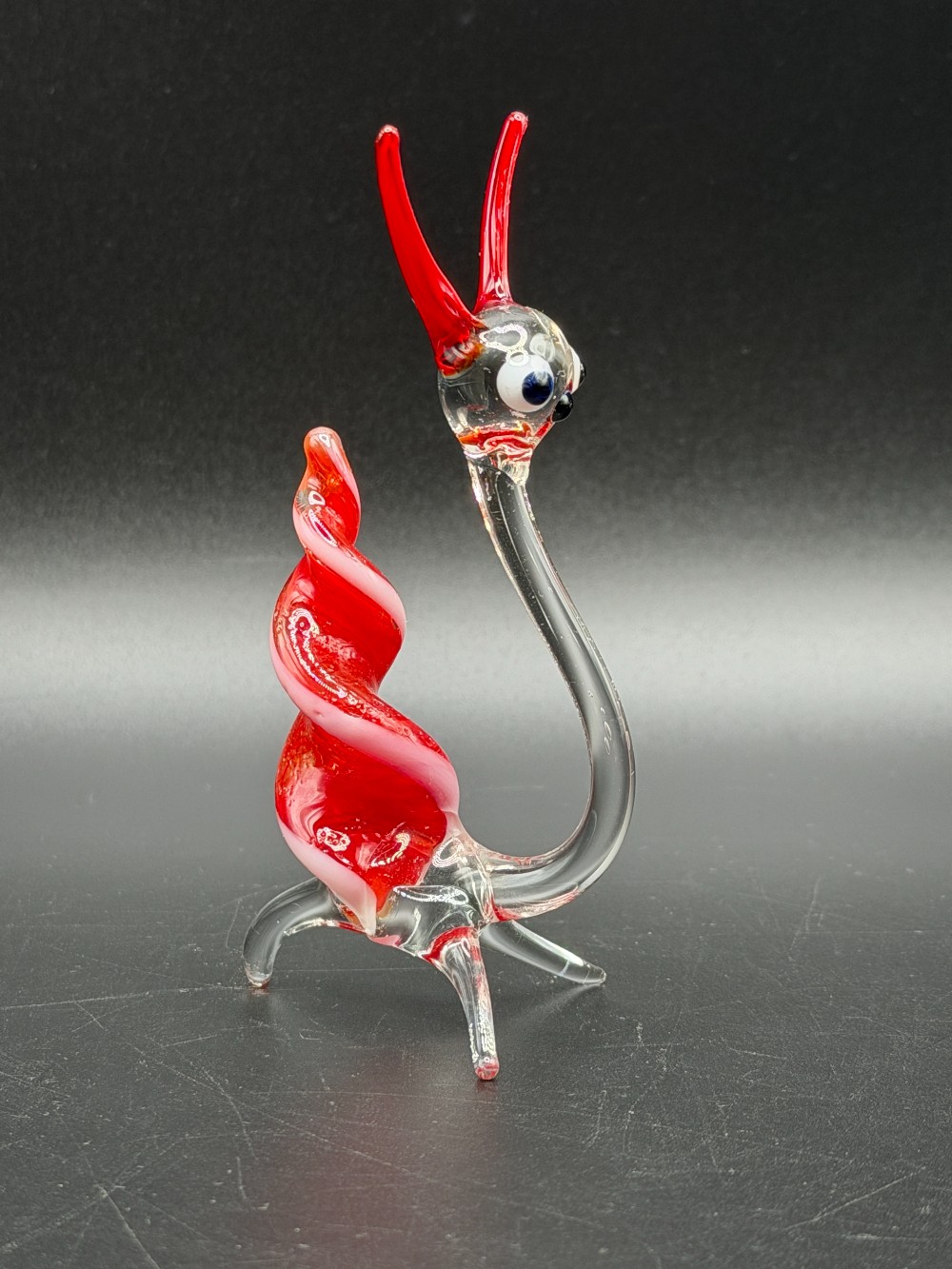 Art Glass Snail Figurine - Red & White Spiral Lampwork Miniature
