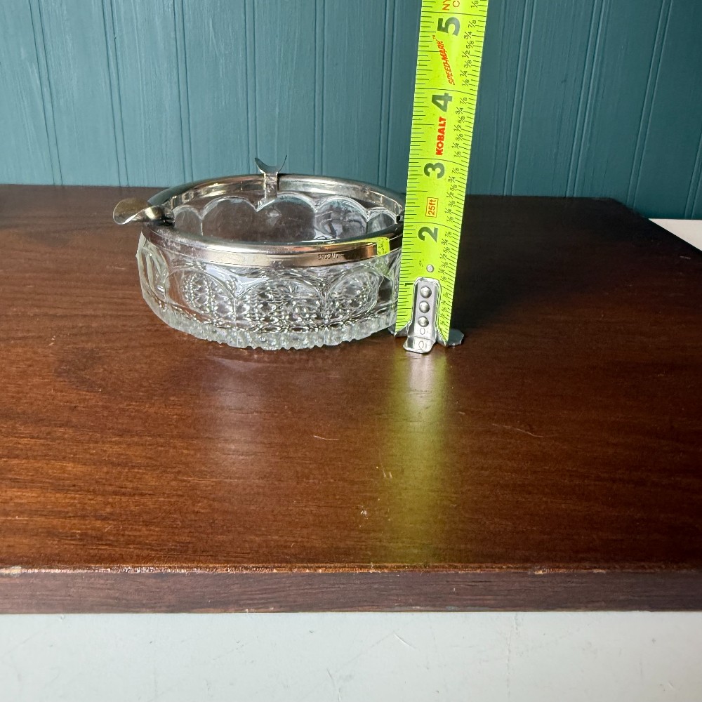 Vintage English Cut Glass Ashtray, Silverplate Rim, Marked England