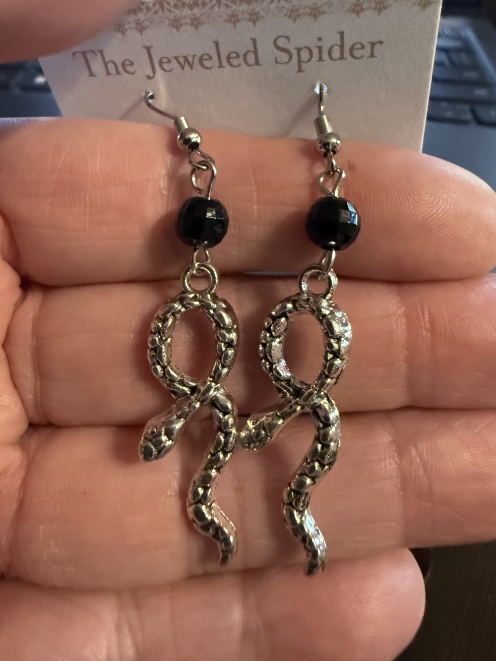 Earrings - Looped Snake Black Bead Snake, Serpent, Snakes, Serpents