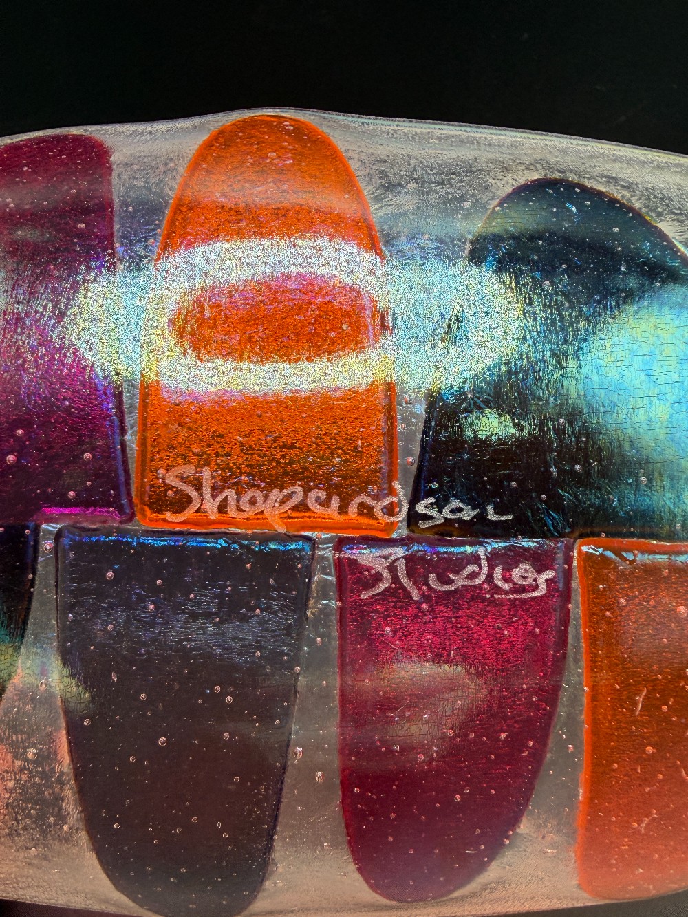 Signed Shepardson Studios 13 Inch Fused Art Glass Long Boat Bowl - Iridescent Dichroic Abstract