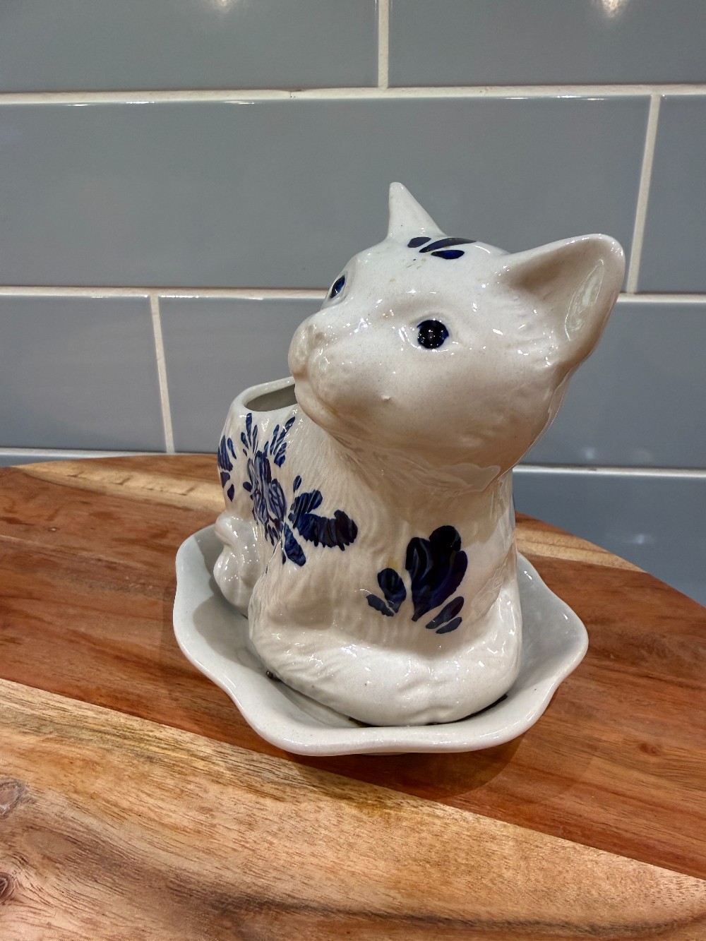Vintage Blue and White Ceramic Cat Planter