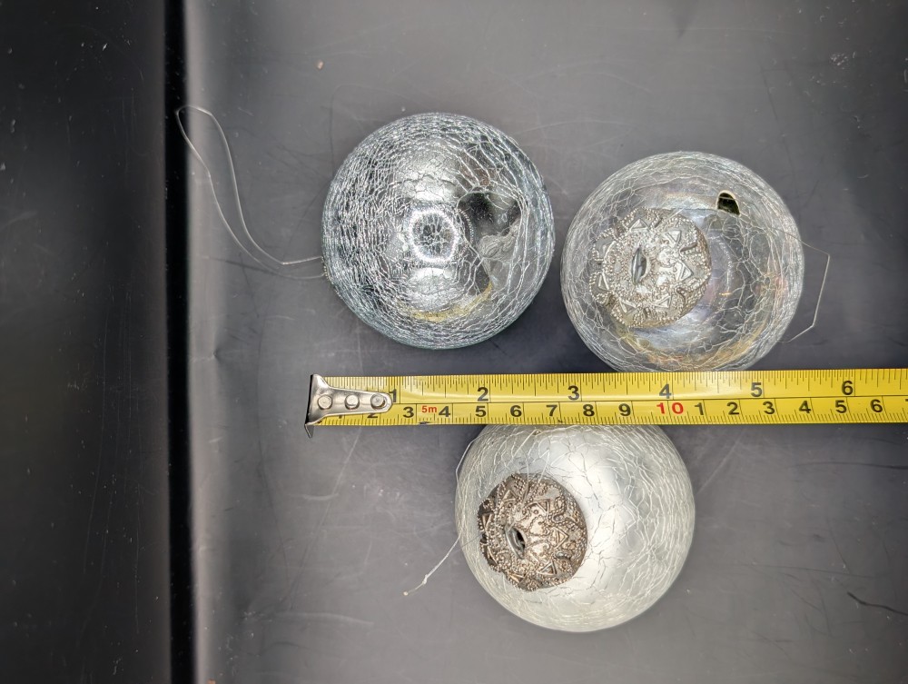 set of three vintage Kugel-style mercury crackle glass Christmas ornaments