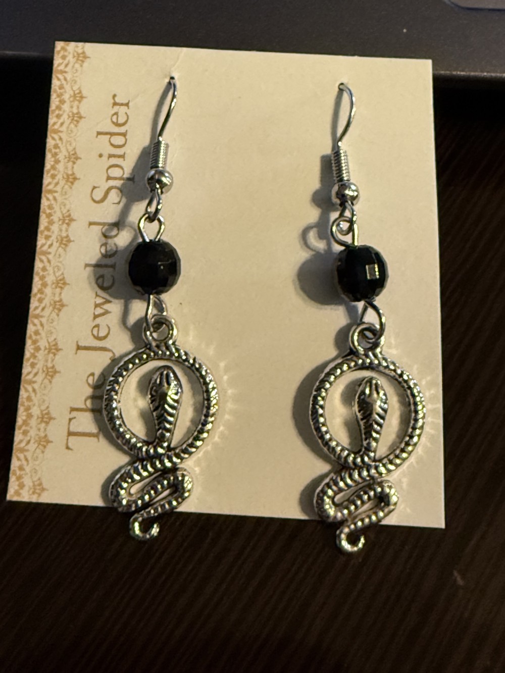 Earrings - Petite Circled Snake Black Bead Snake, Serpent, Snakes, Serpents
