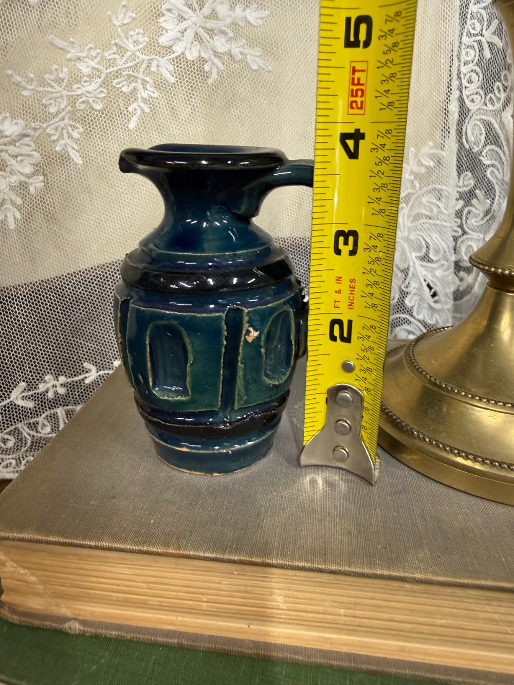 Blue Glazed Pottery Pitcher with Arched Panels