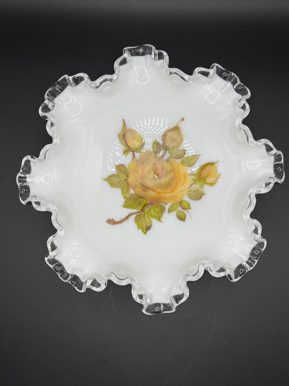 Vintage Fenton Silver Crest Milk Glass Footed Compote – Hand Painted Yellow Roses (Circa 1969-1970)