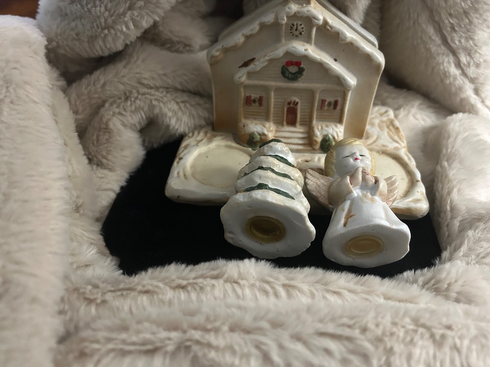 VTG Interpur Christmas holiday table ensemble featuring a church-shaped napkin holder and ceramic tree and angel salt and pepper shakers
