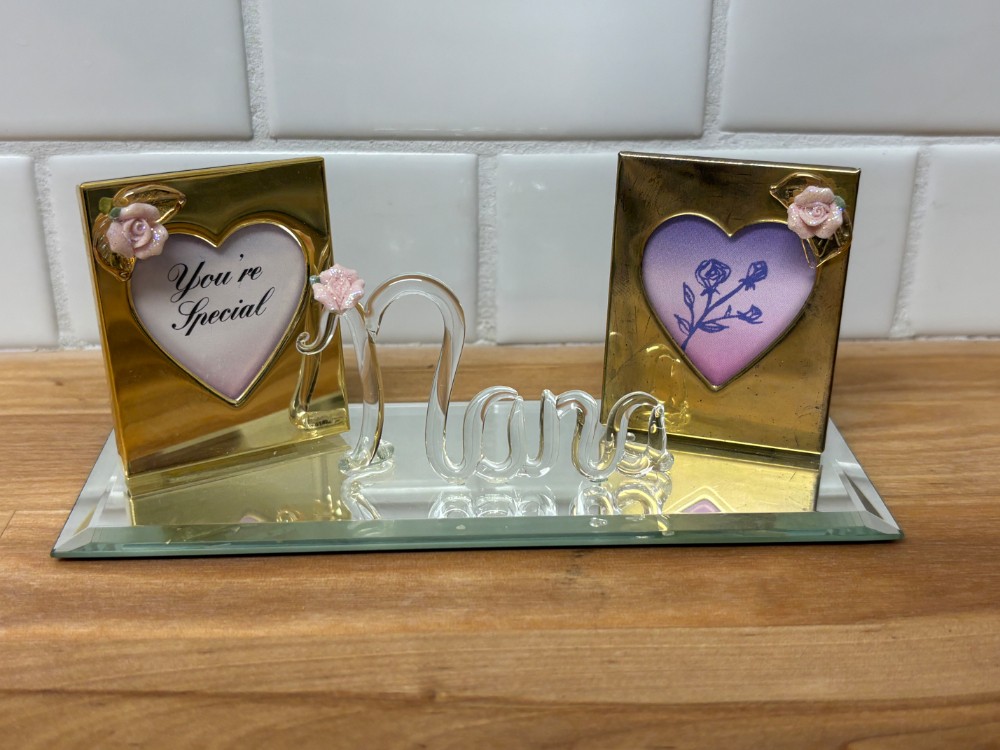 Picture Frame Set Glass Baron Nana Double Heart Photo Frames on Mirrored Base with Glass Script
