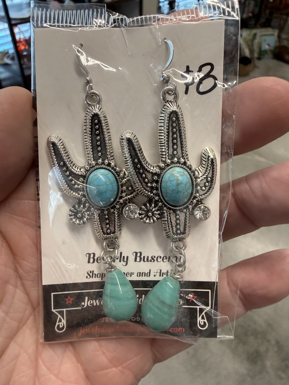 Earrings - Silver Cactus Teal Stone Bead