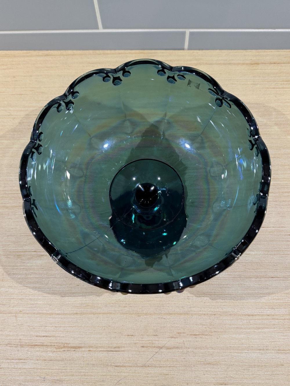 VTG Iridescent Teal Carnival Glass Compote 7.5’