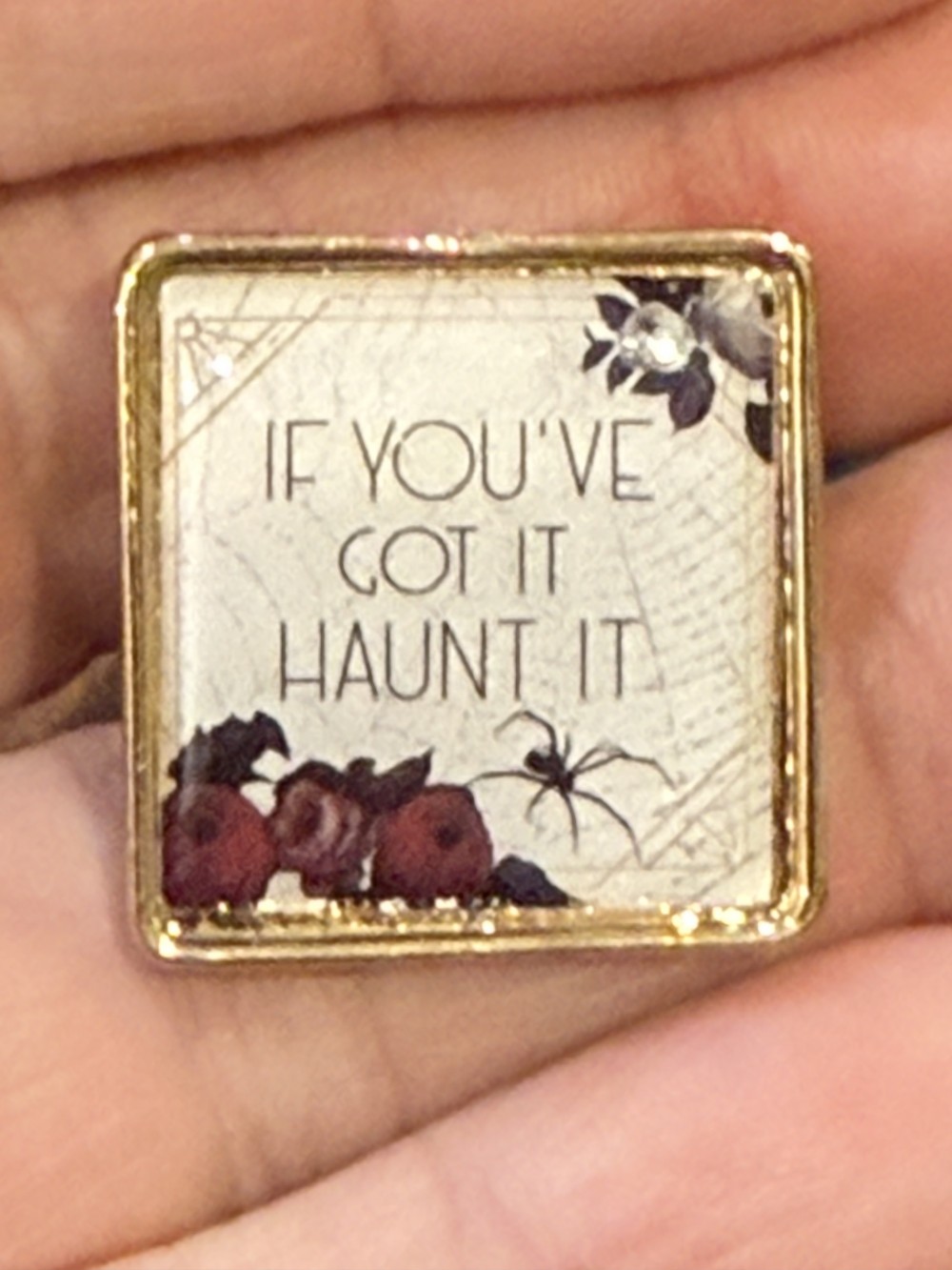 Brooch Pin - Gold Medallion with If You've got it haunt it with a spider and roses
