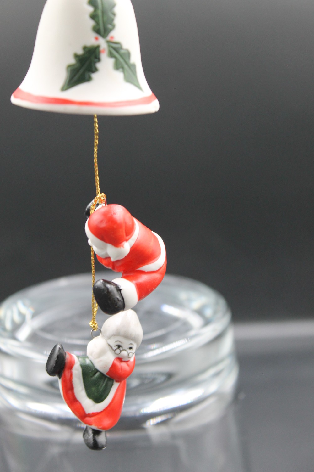 Ceramic bell/Santa/Mrs. Clause dangle ornament as is