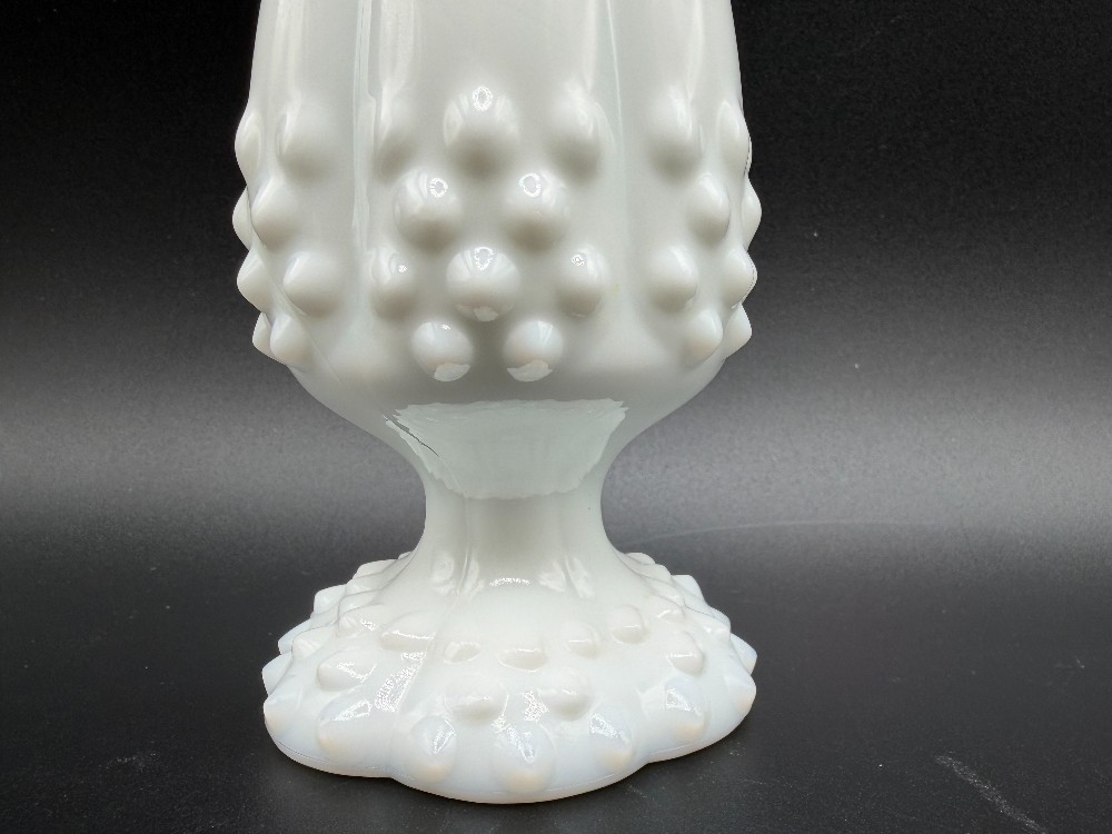Vintage 1960s Fenton Milk Glass Hobnail Swung Bud Vase - 10 Inch Pedestal Vase with Original Foil Label