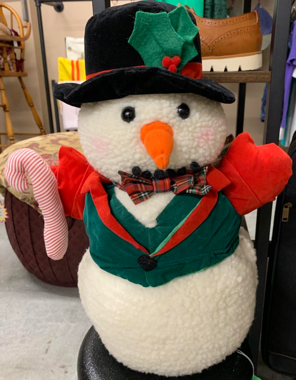 Stuffed snowman w/velvet hat, vest mittens plaid bowtie