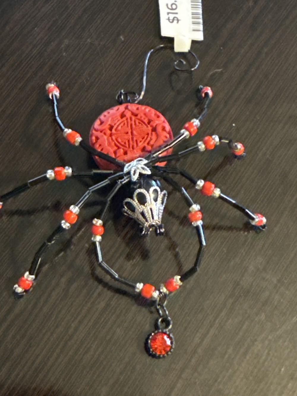 Spider Ornament - Red and Black w Dangling Jewel