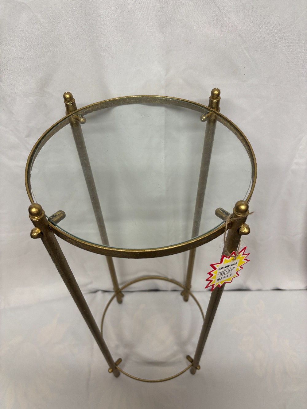 Furniture brass painted round metal table w/glass top