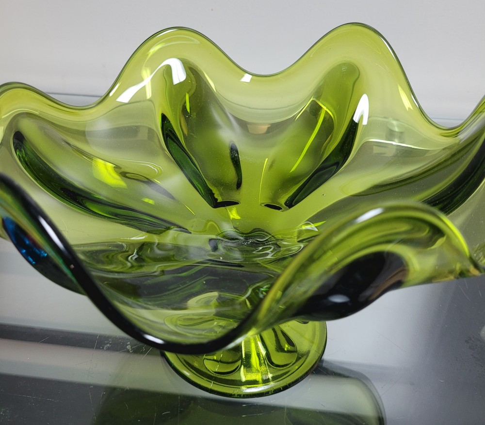 VTG 1964 Viking Glass 1434 Six Finger Compote Avocado