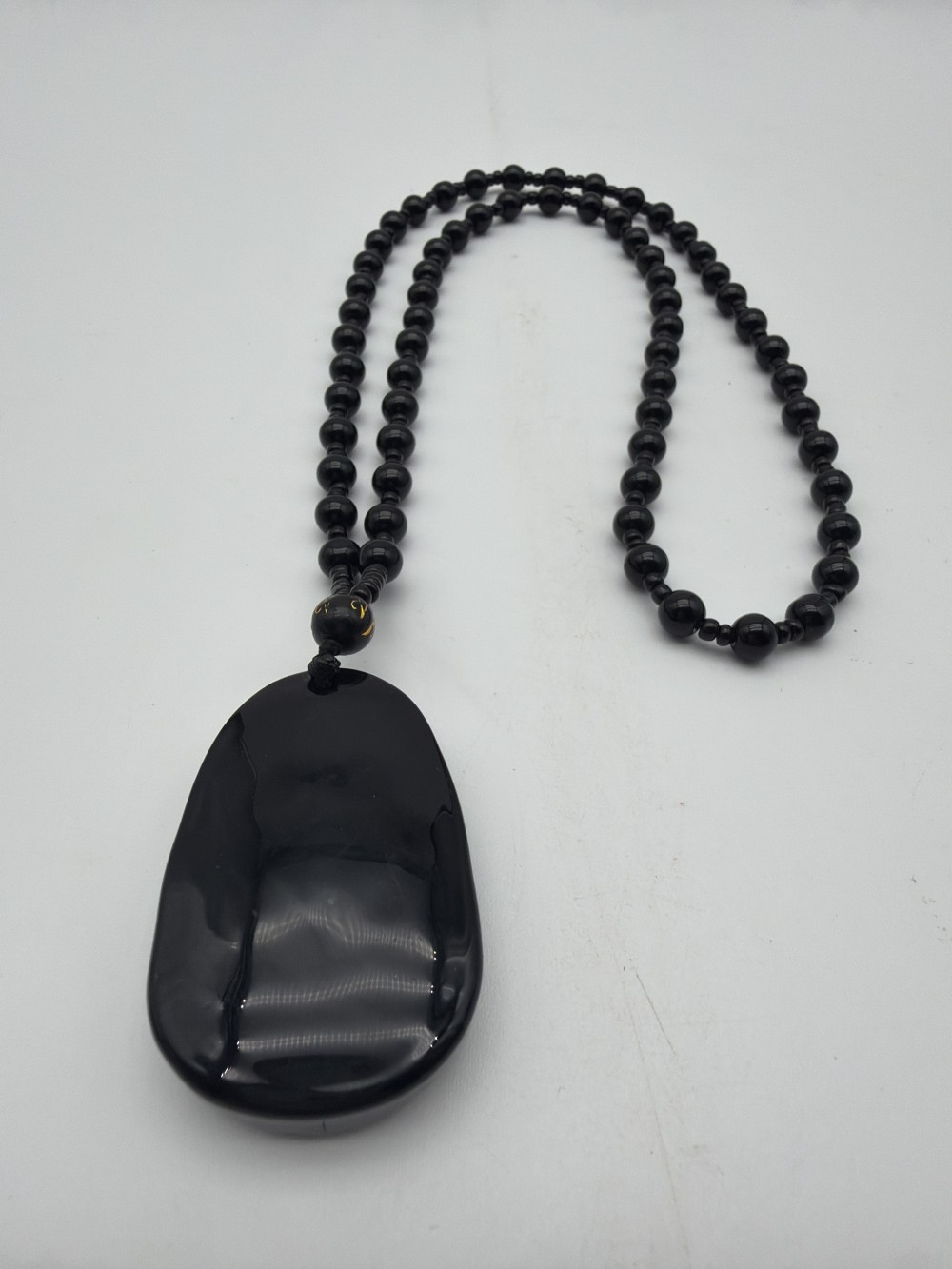 Black Obsidian-Style Carved Buddhist Pendant Beaded Necklace