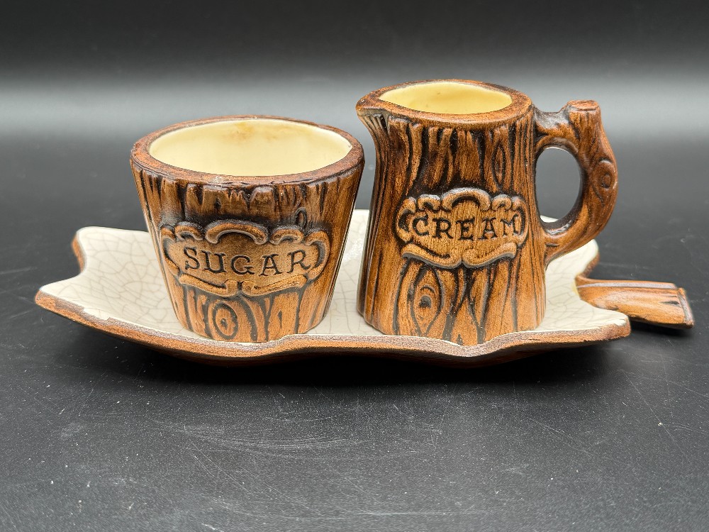 Vintage Treasure Craft Ceramic Faux Bois Cream and Sugar Set with Leaf Tray
