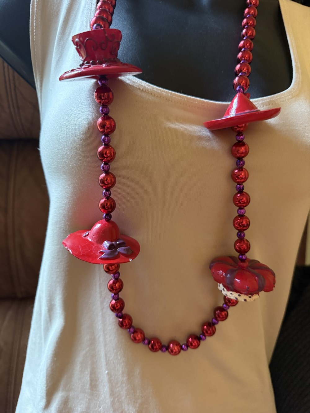 Necklace - Red Hat Society Red Beads Marti Gras Style Long Necklace