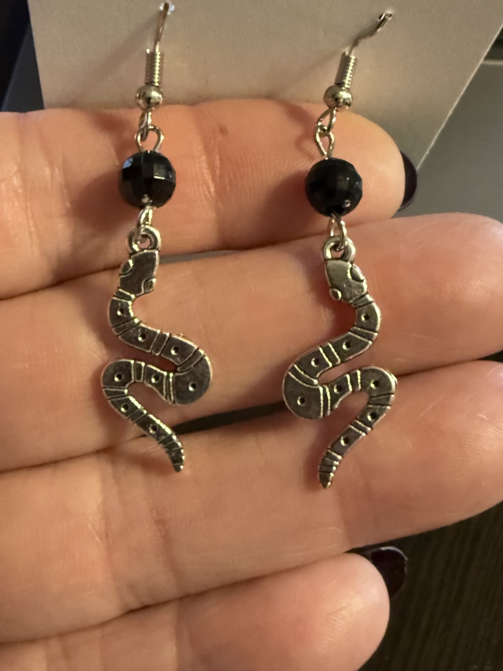 Earrings - Wavy Etched Snake Black Bead Snake, Serpent, Snakes, Serpents