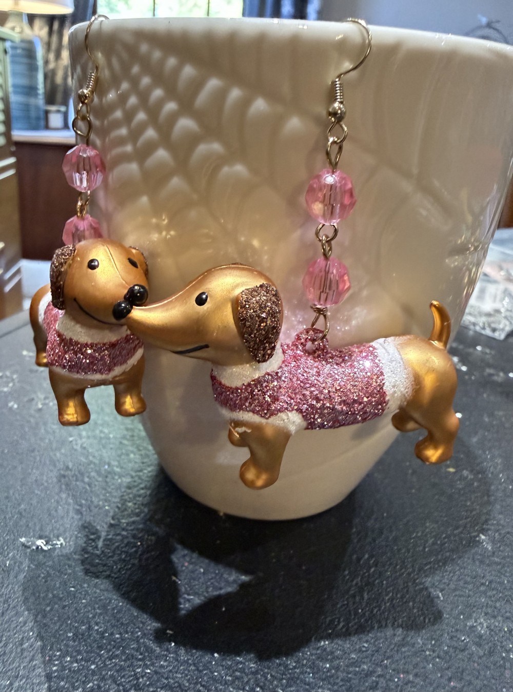 Earrings - Dachshund in Pale Pink Glittered Sweater, Doxie, Dog