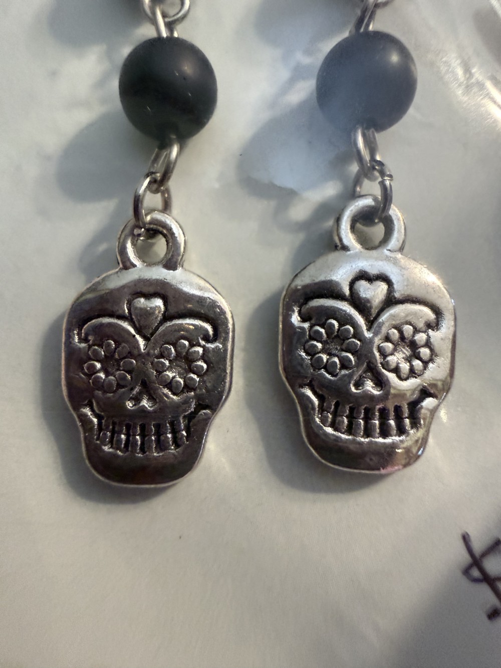 Earrings-Silver Sugar Skull Double Black Bead