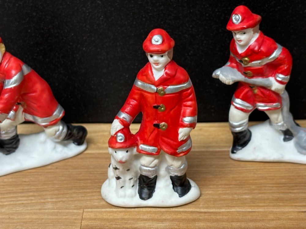 Christmas Village Firefighter Figurines Set of 3 Firemen Dalmatian Hydrant Hose