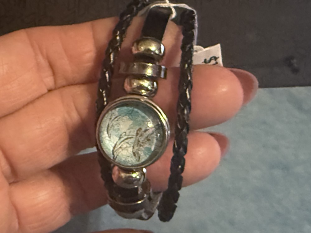 Bracelet-Genuine Leather Black Three Strap Dolphin