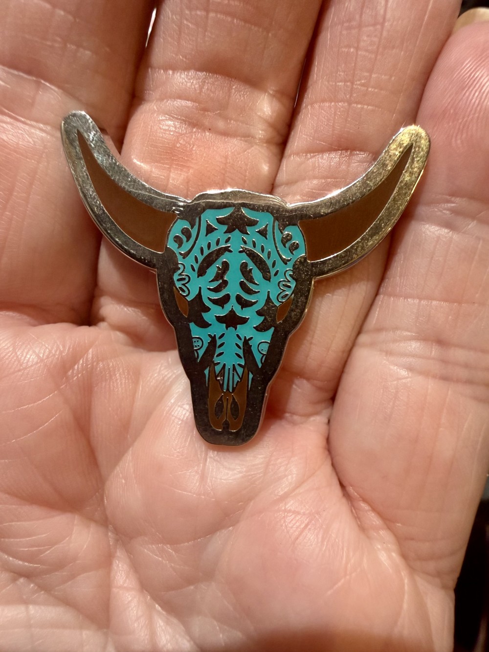 Brooch Pin- Steer Head in Blue Enamel and Silver