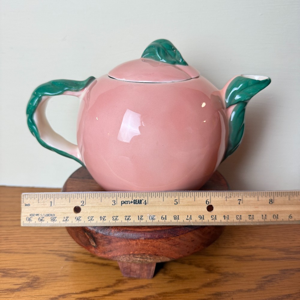Pink Ceramic Peach-Form Teapot with Cherries & Blackberries