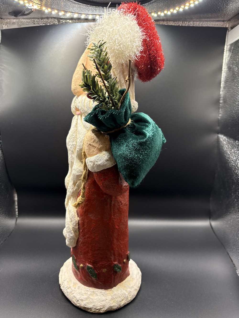 Rustic Old World Santa Figurine with Green Velvet Sack ~14 in H