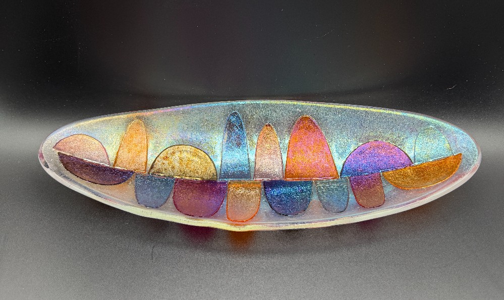 Signed Shepardson Studios 13 Inch Fused Art Glass Long Boat Bowl - Iridescent Dichroic Abstract