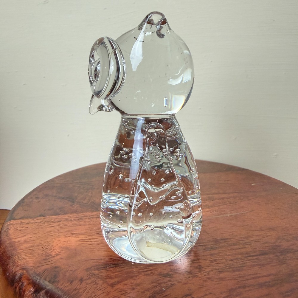 Clear Art Glass Controlled-Bubble Owl Figurine Paperweight