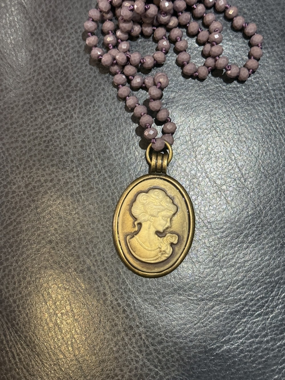 Pendant Necklace-Female Cameo on Purple Beaded Chain