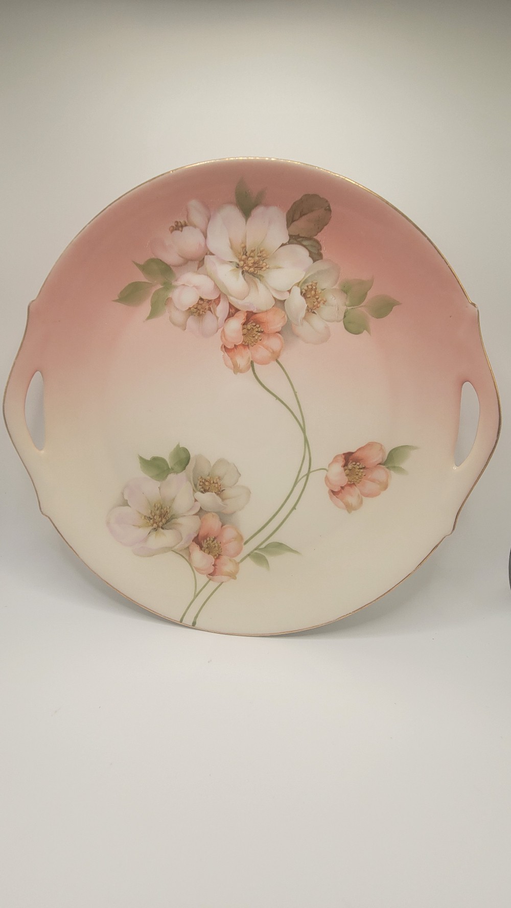 Handled Porcelain Cake Plate - Pink Wild Rose Dogwood Pattern