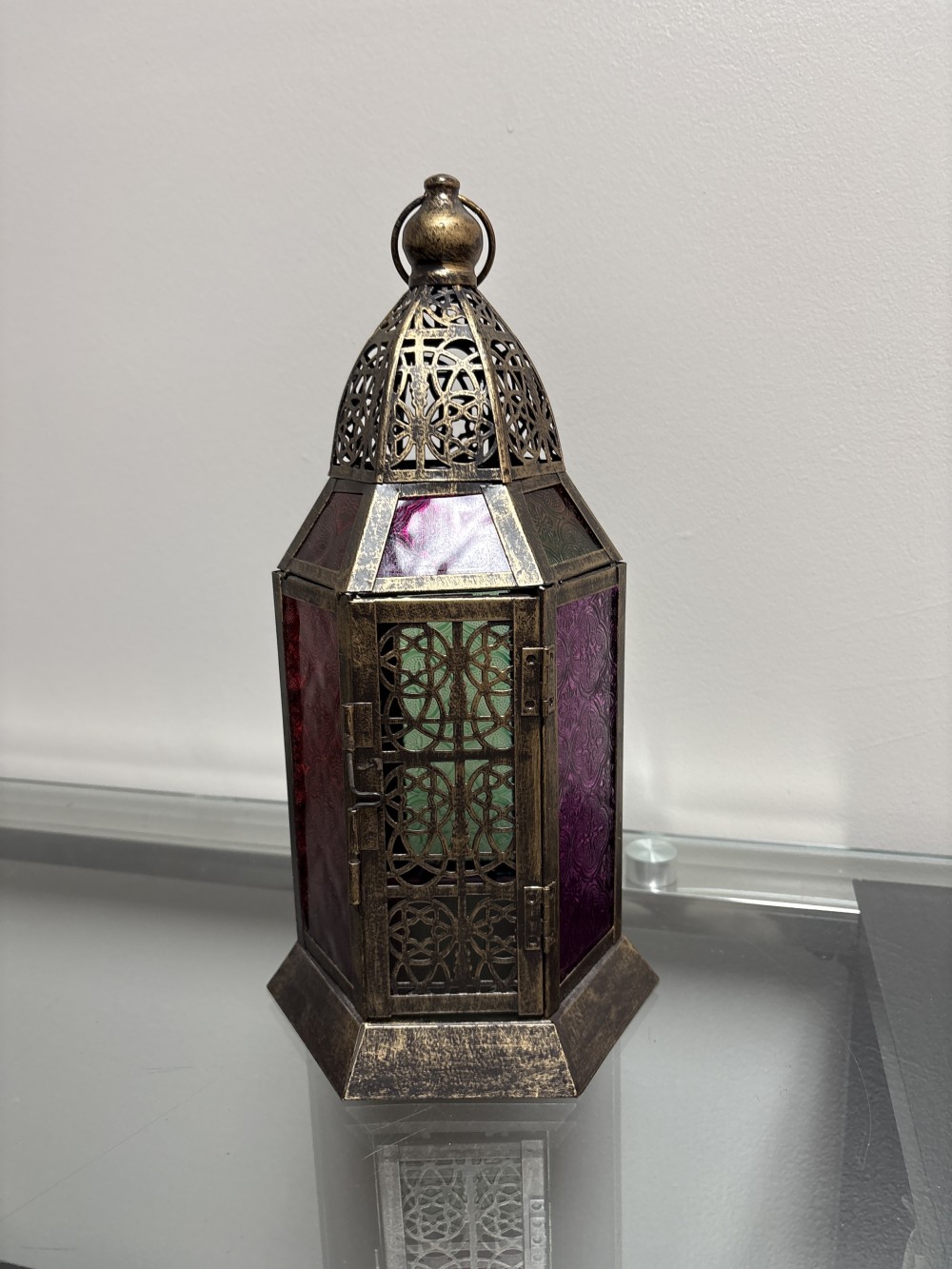 Moroccan 6 Sided Lantern w/ Multicolor Glass Panels