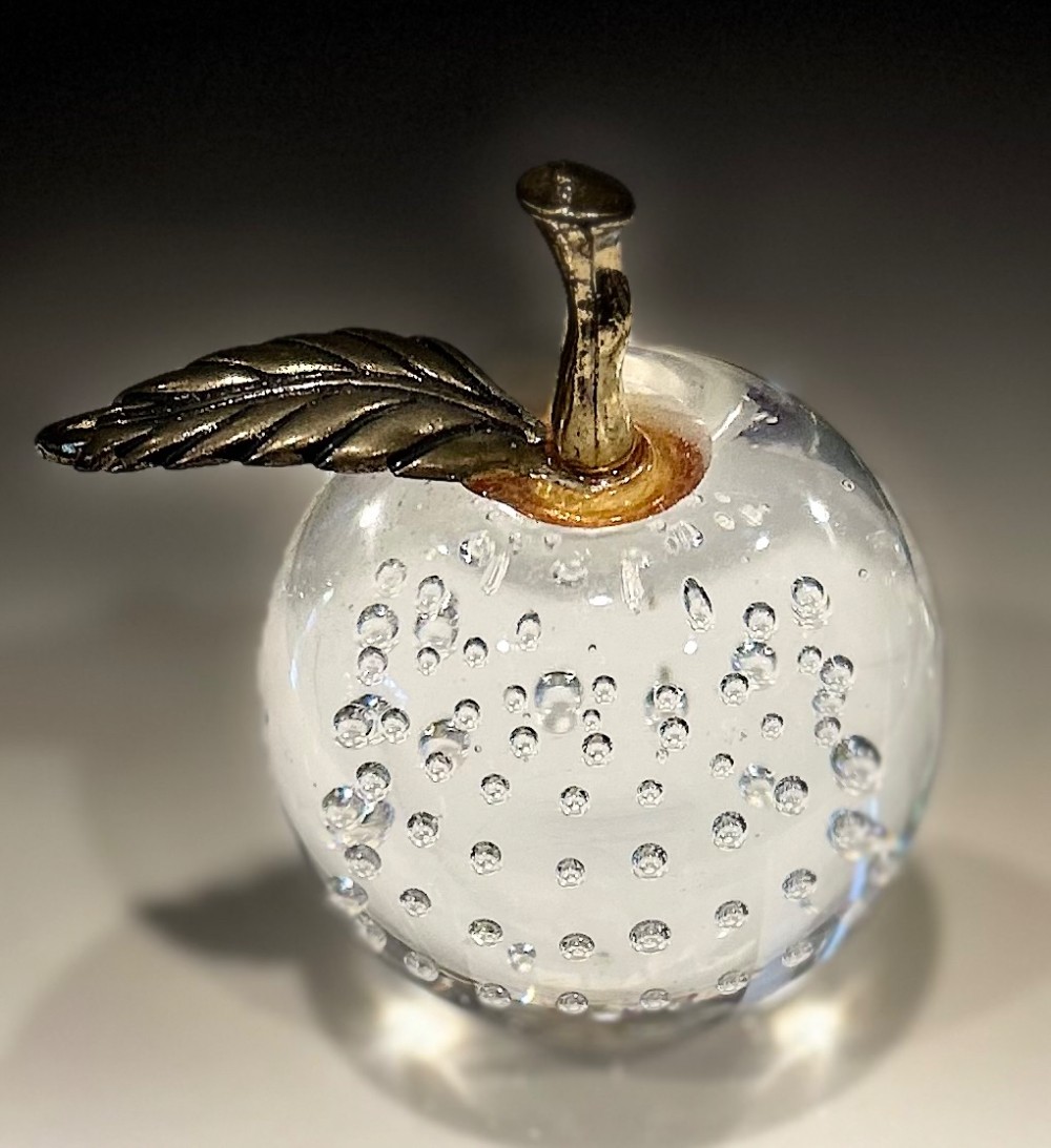 Vintage Bubble Art Glass Apple Paperweight | Murano Style Bullicante Glass Fruit Figurine | Mid Century Brass Stem Leaf Teacher Gift Desk Decor