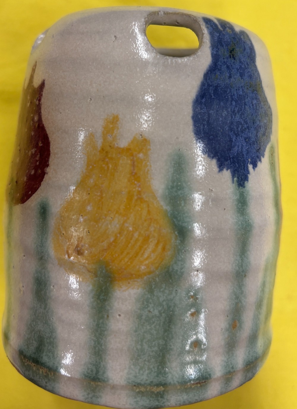 Pottery handcrafted off white w/purple blue & yellow tulips