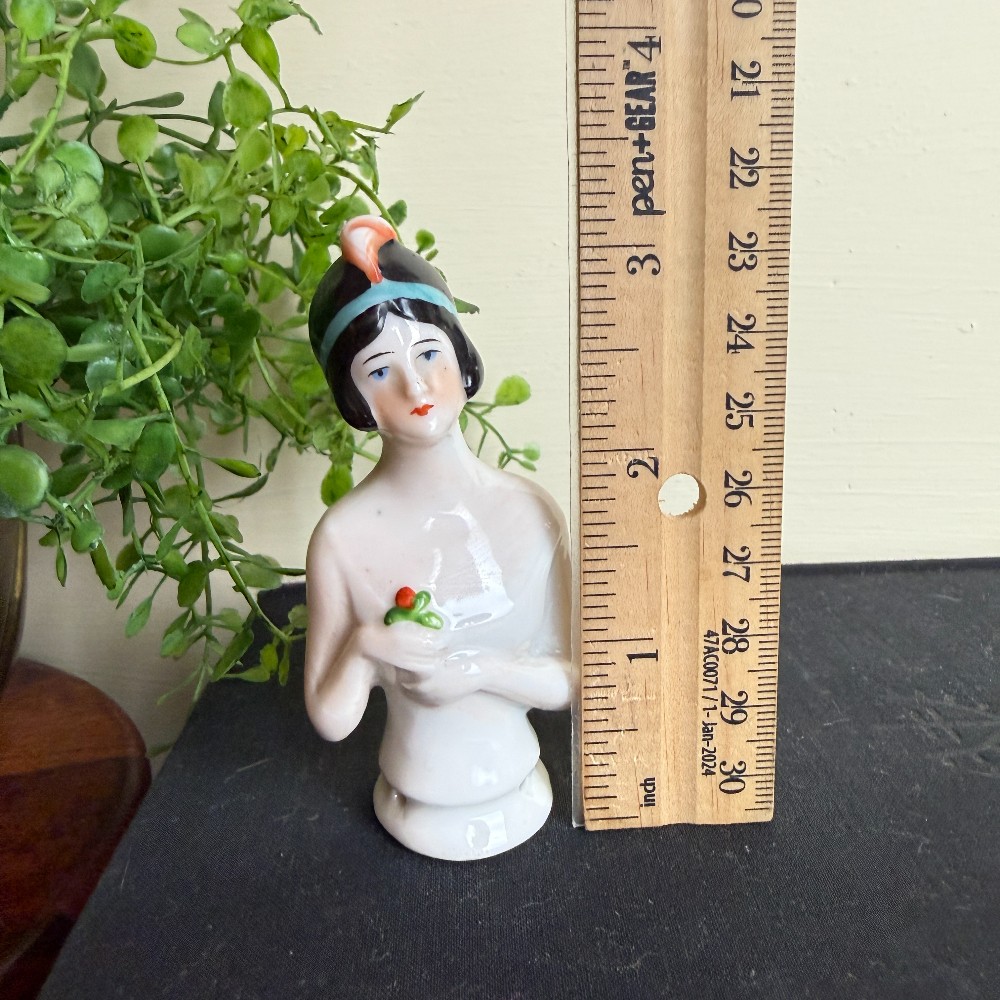 Antique Porcelain Half-Doll, Flapper with Flower