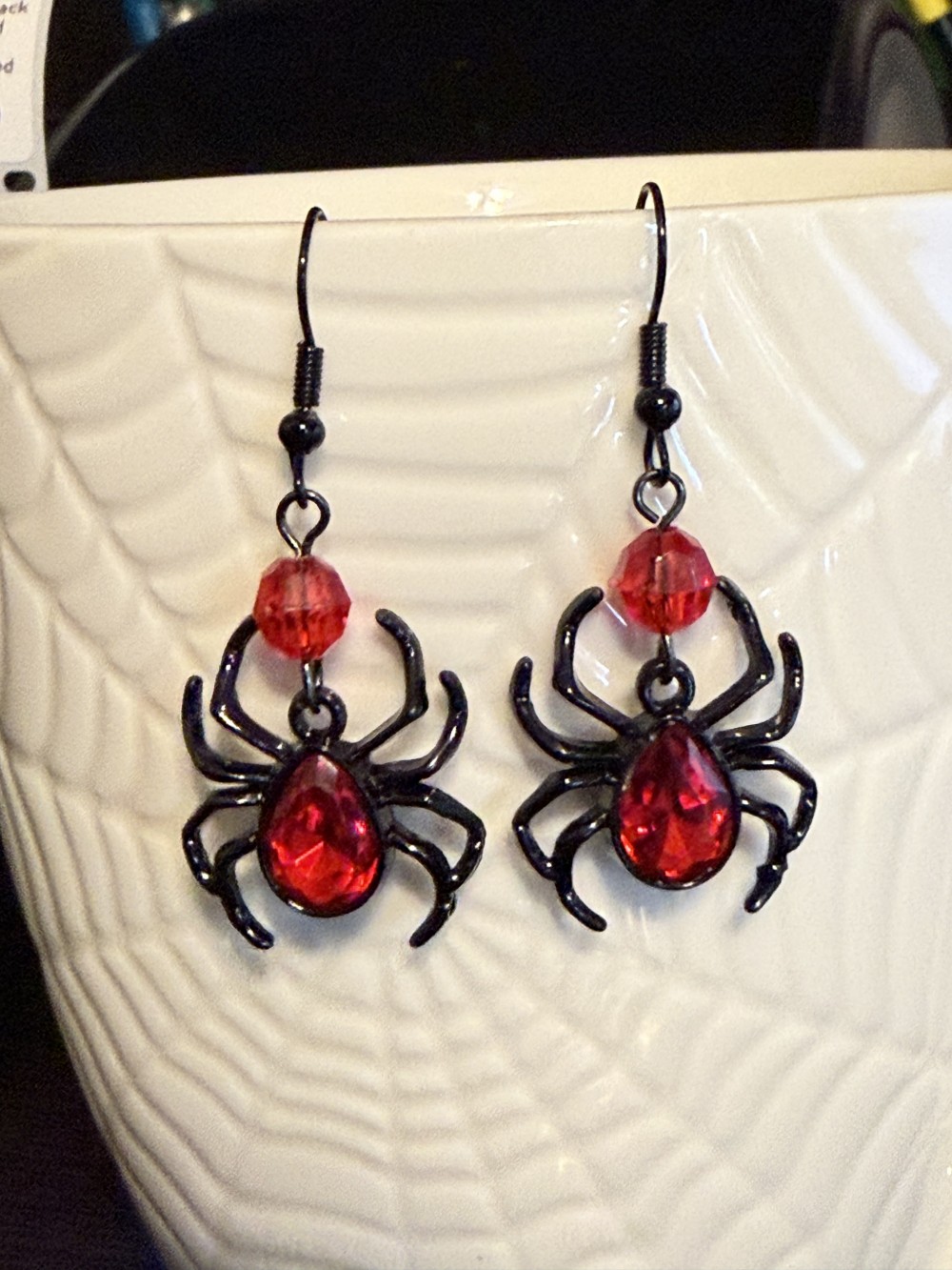 Earrings - Black Spider Red Jewel Abdomen Red Bead