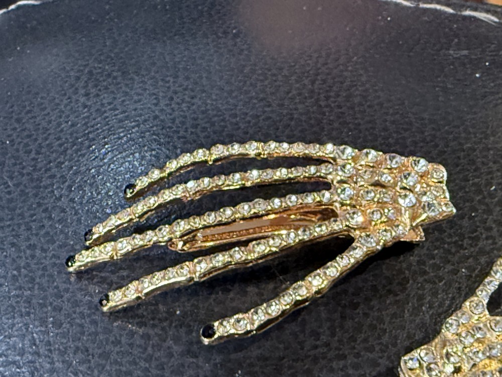 Hair Clips - Rhinestone Golden Skeleton Hands Jeweled Nails