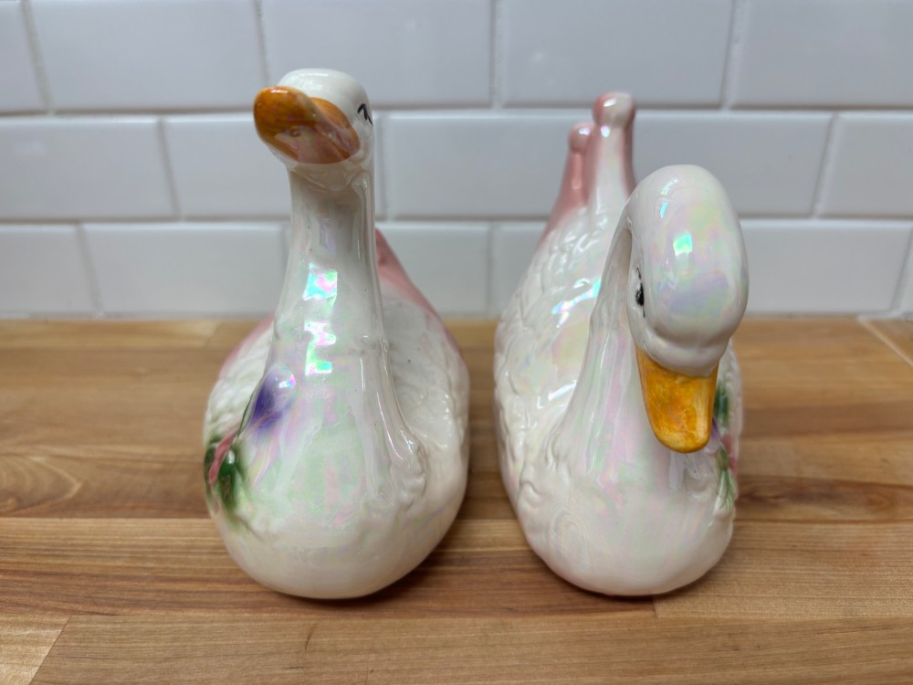 Swan Figurines Ceramic Pair Iridescent Pink Lustre Floral Cottage Decor
