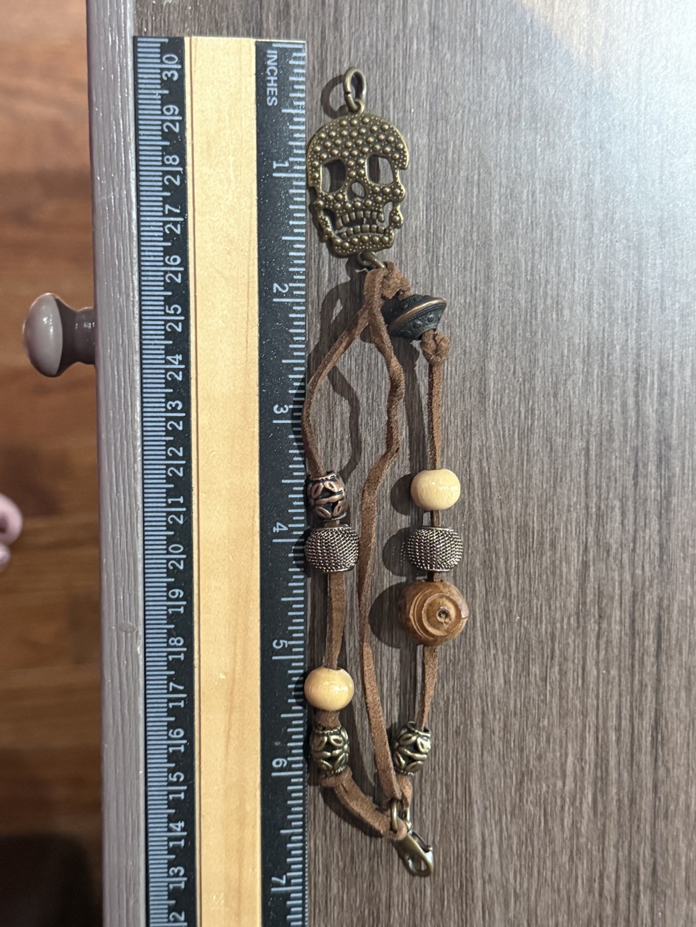 Bracelet - Bronze skull brown leather bead accents