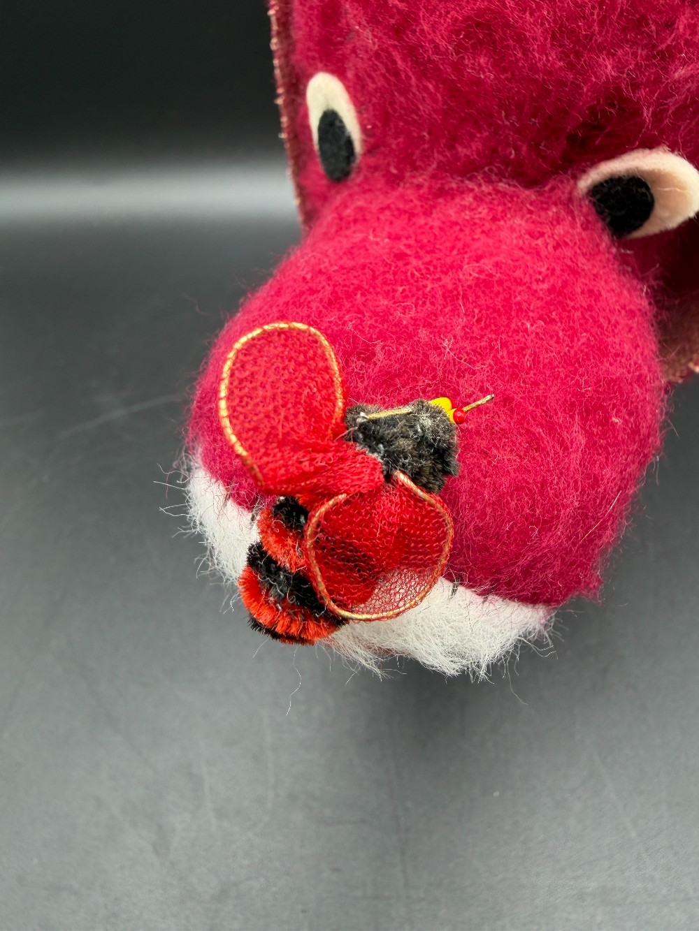 Vintage 1950s Red Plush Carnival Prize Puppy Dog with Mesh Ladybug on Nose