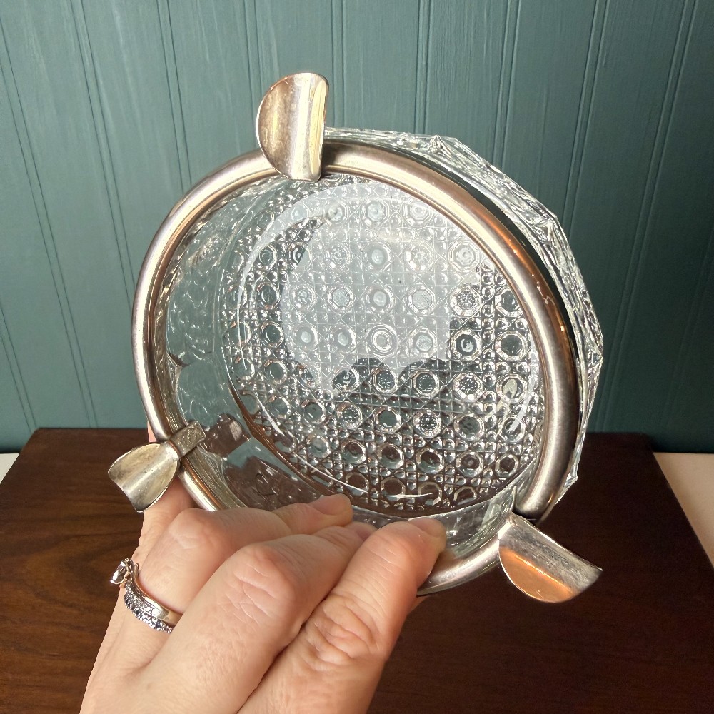 Vintage English Cut Glass Ashtray, Silverplate Rim, Marked England