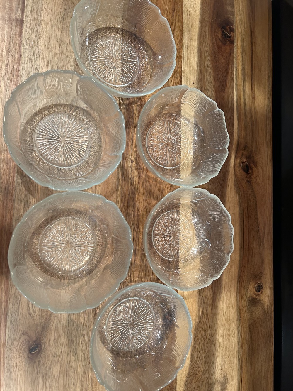 1970s Arcoroc Fleur Tempered Glass - Set of 7 small clear glass desert bowls plus a large serving bowl